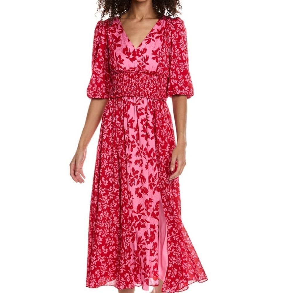 NEW Taylor pink and red printed ditzy Yoryu jaquard midi maxi dress 10